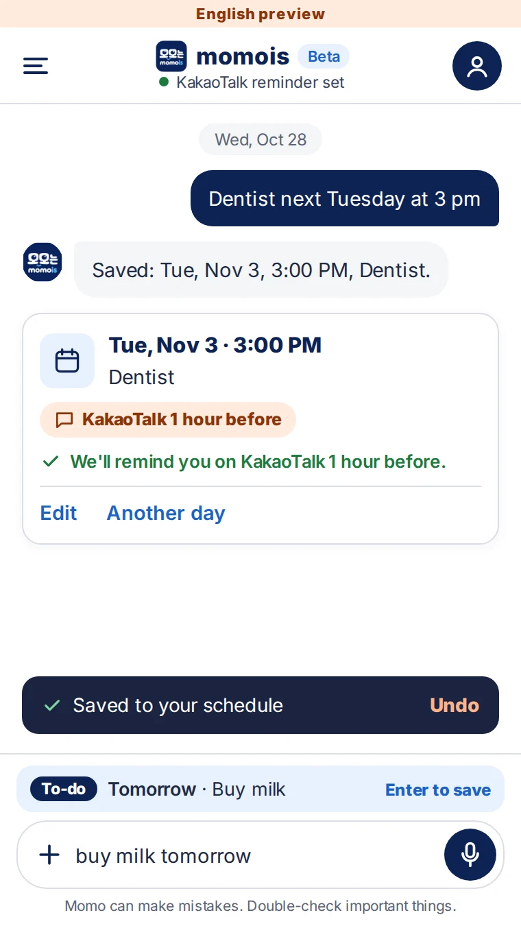 Chat screen where a spoken dentist appointment is saved as a schedule, with an Undo button and a to-do preview