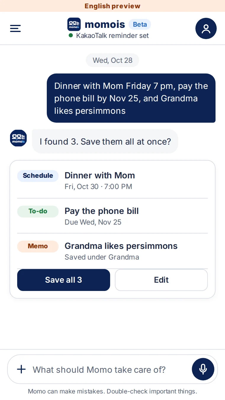 One sentence split into a schedule, a to-do and a memo, with a Save all button