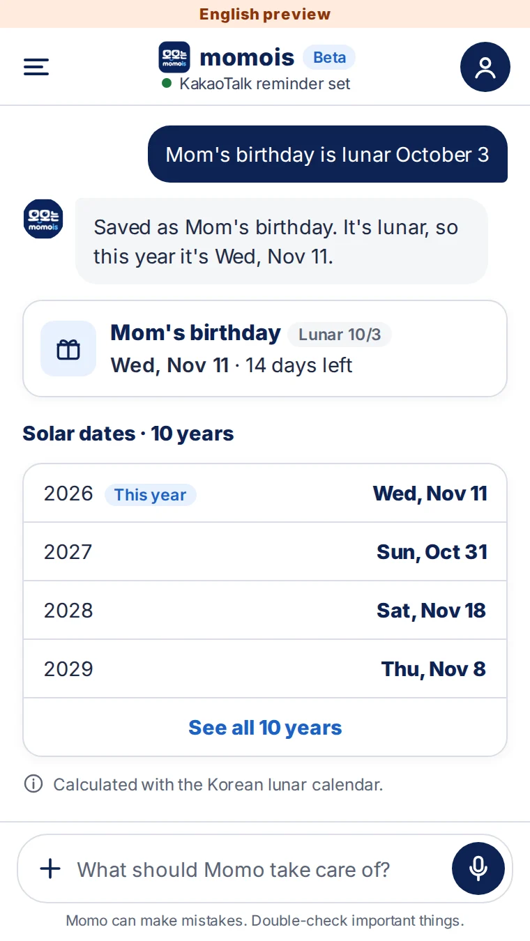 Mom's lunar birthday saved, with its solar date for each of the next years
