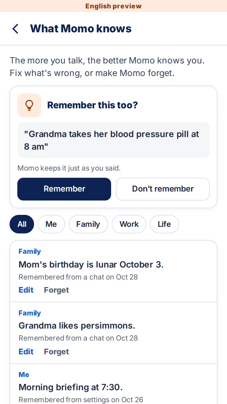 What Momo knows screen with family memories you can edit or forget